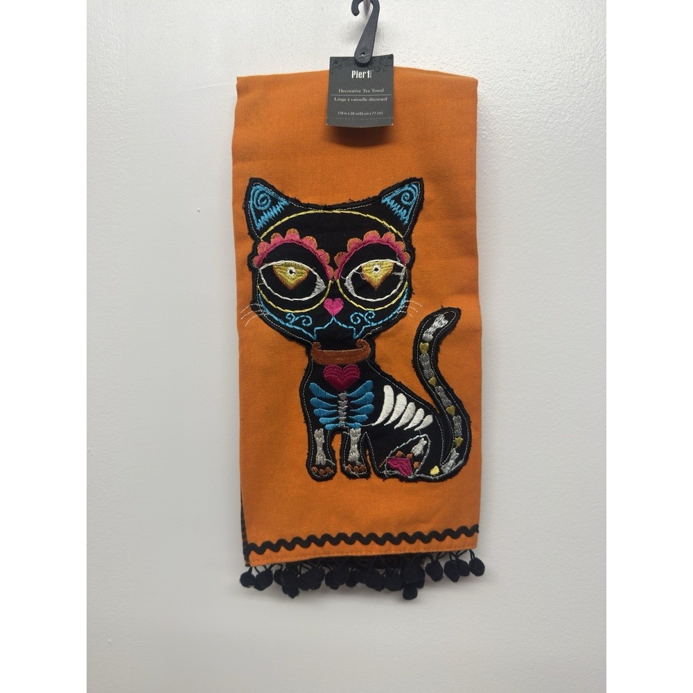 Pier 1‎ Da Of The Dead Black Cat Halloween Tea Towel New #32